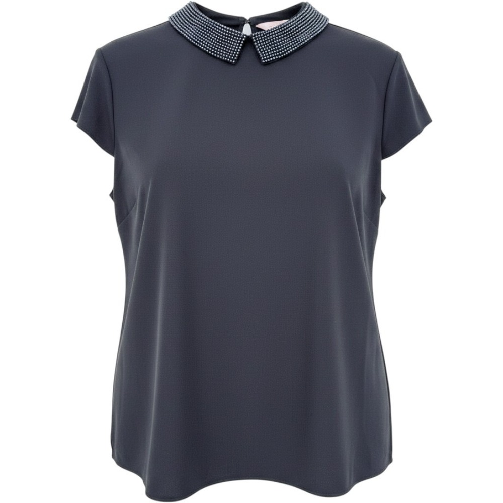 Ted‎ Baker Hellia Top Womens 3 Grey Beaded Peter Pan Collar Blouse Short Sleeve